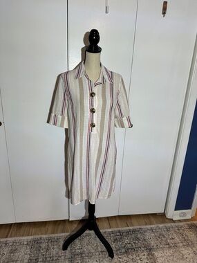 Striped Lightweight Linen Shirt Dress in Cream with Red & Blue Stripes
